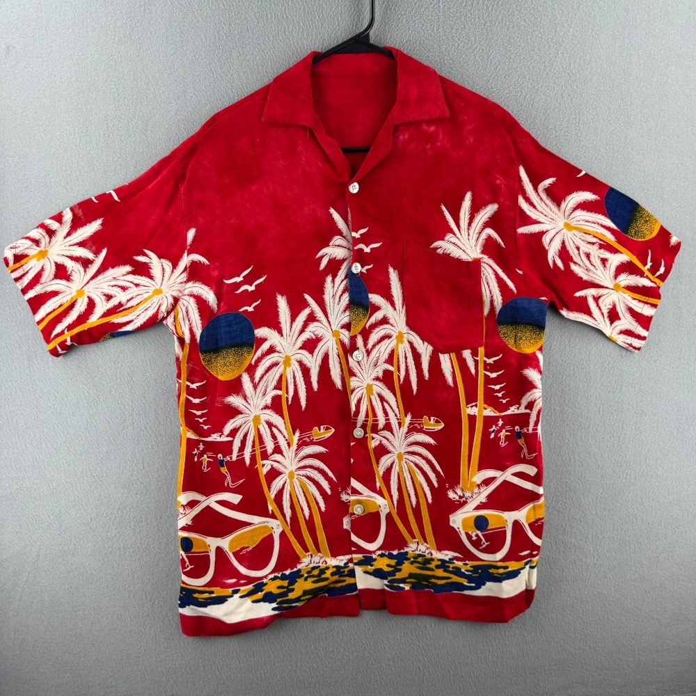 Vintage Rayon‎ Hawaiian Shirt Mens Medium Red 50s Style Button Up